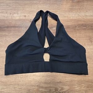 Fabletics Black Ribbed Halter Bralette with Twist Front
